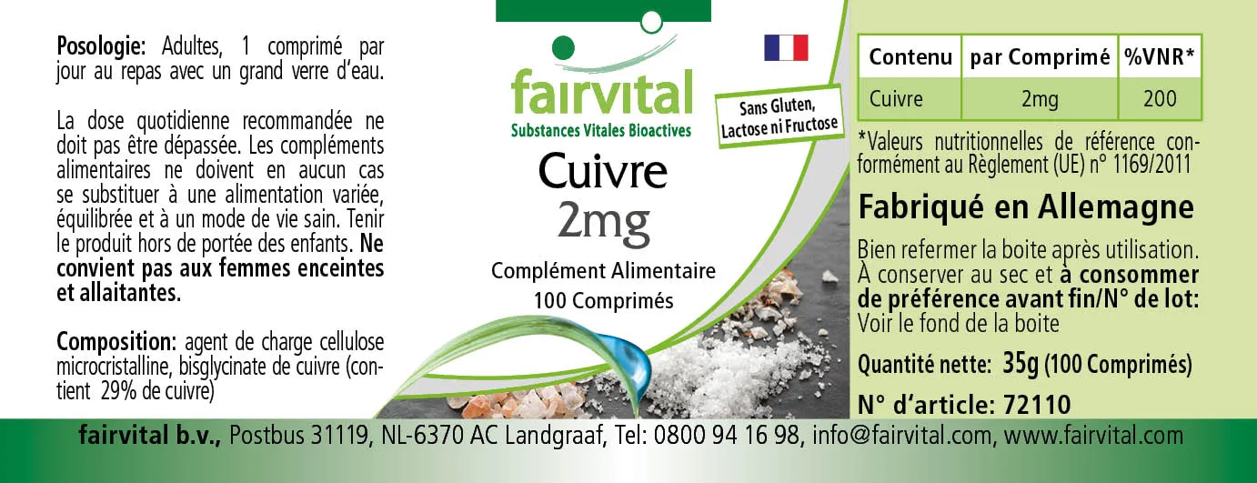Kupfer 2mg - 100 Tabletten - für Immunsystem, Eisentransport uvm. - Vegan | Fairvital