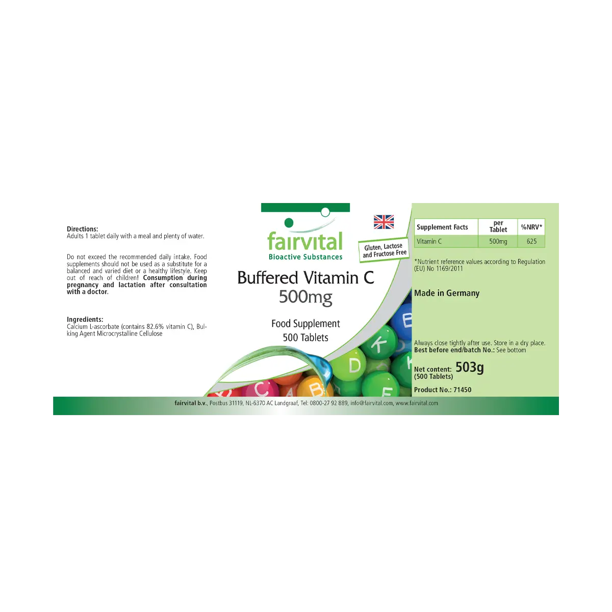 Gepuffertes Vitamin C 500mg - 500 Tabletten - für Immunsystem, Kollagenbildung, uvm. - Vegan | Fairvital