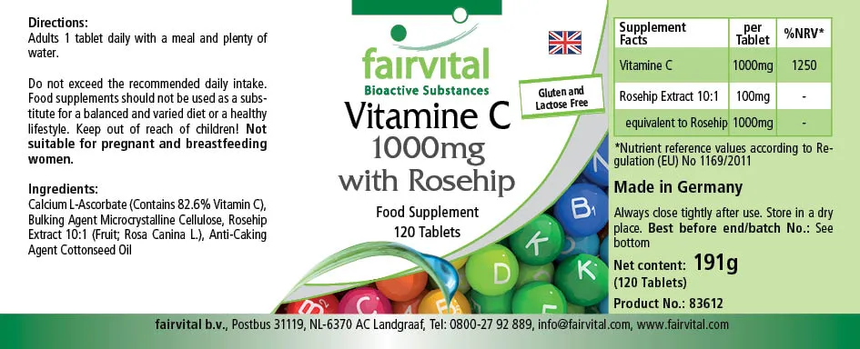 Vitamin C 1000mg mit Hagebutte - 120 Tabletten - für Immunsystem, Kollagenbildung uvm. | Fairvital