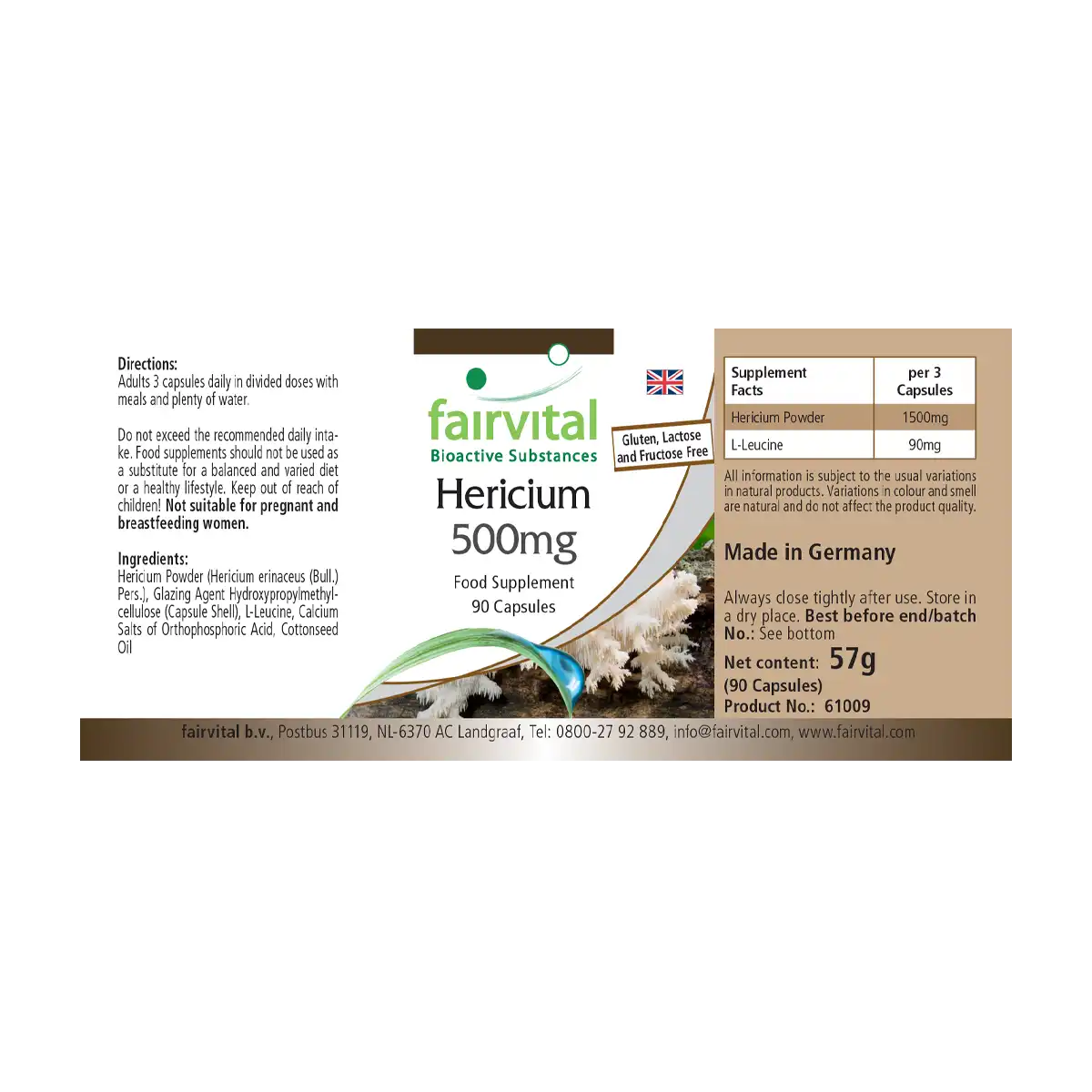 Hericium 500mg - 90 Kapseln - Hericium Erinaceus - Hochdosiert und Vegan | Fairvital