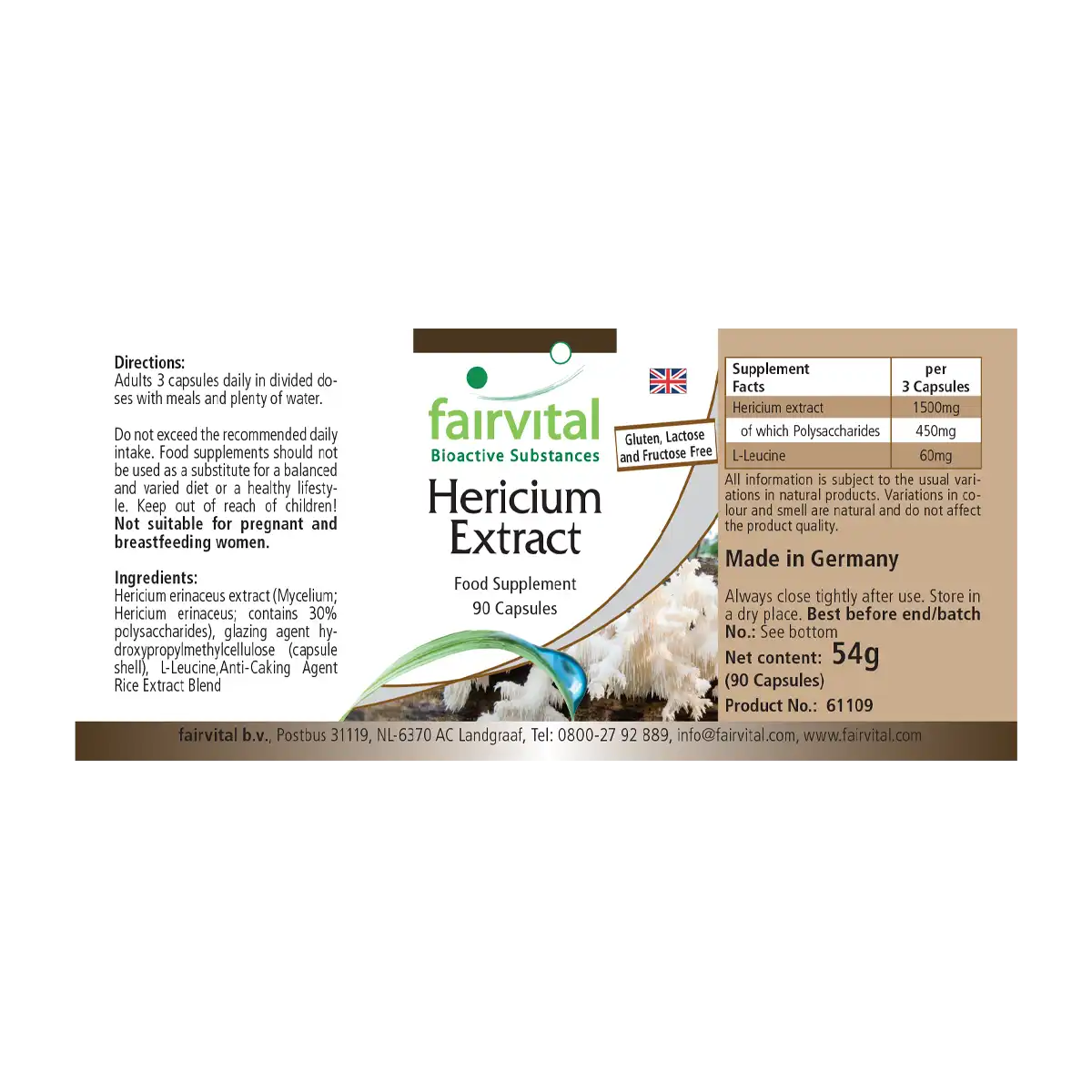 Hericium Extrakt 500mg  - 90 Kapseln - Hericium erinaceus (Igelstachelbart) - 30% Polysaccharide - Vegan | Fairvital