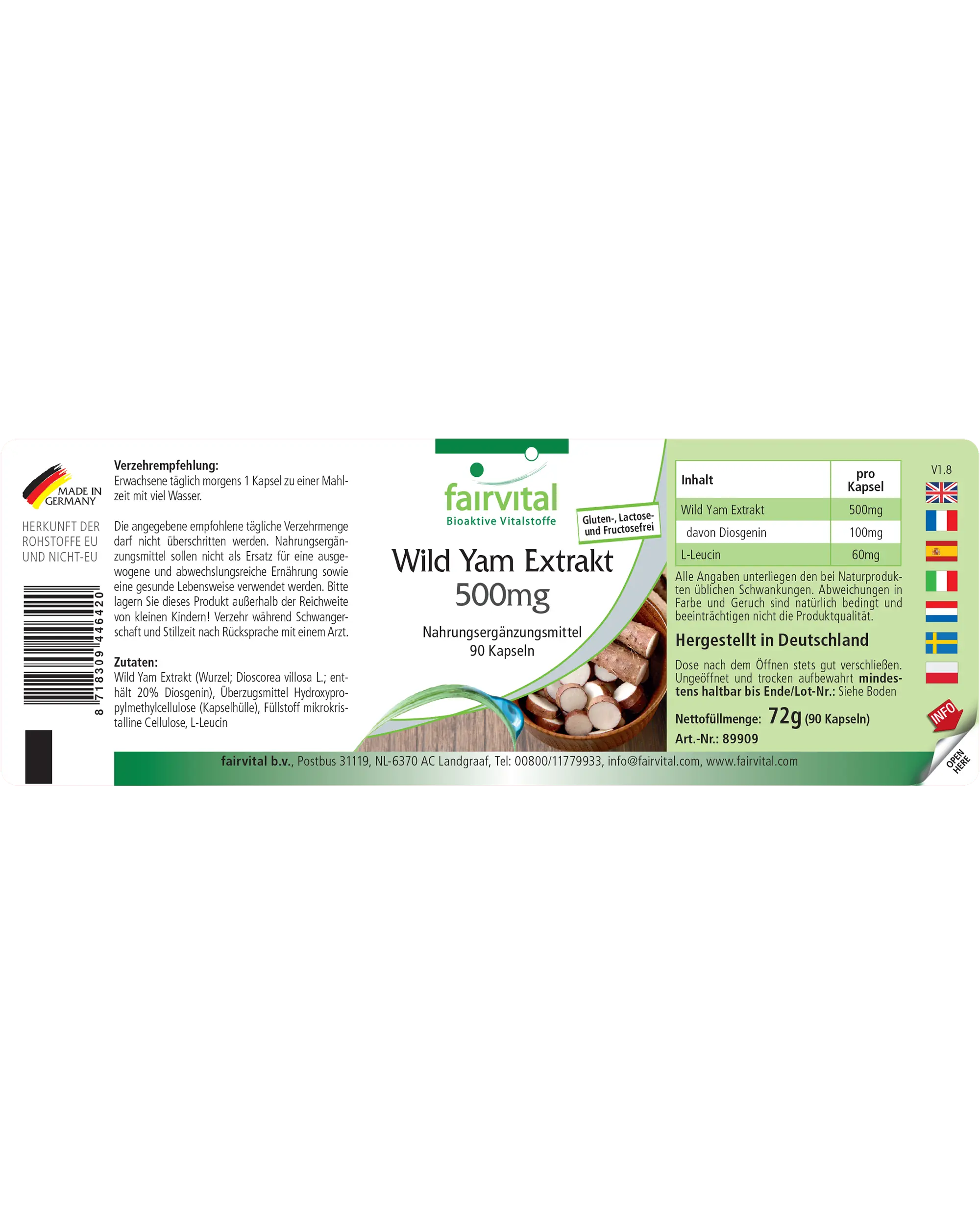 Wild Yam Extrakt 500mg - 90 Kapseln - standardisiert auf 20% Diosgenin - Hochdosiert und Vegan | Fairvital