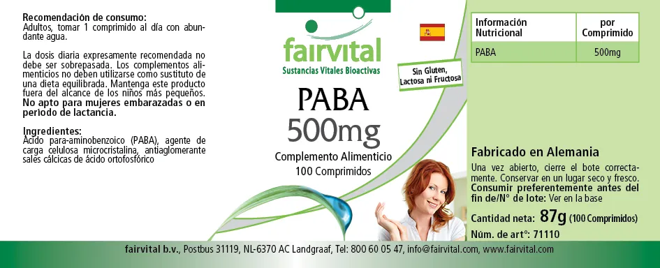 PABA 500mg - 100 Tabletten - Para-Aminobenzoesäure - Vitamin B10 - Hochdosiert und Vegan | Fairvital