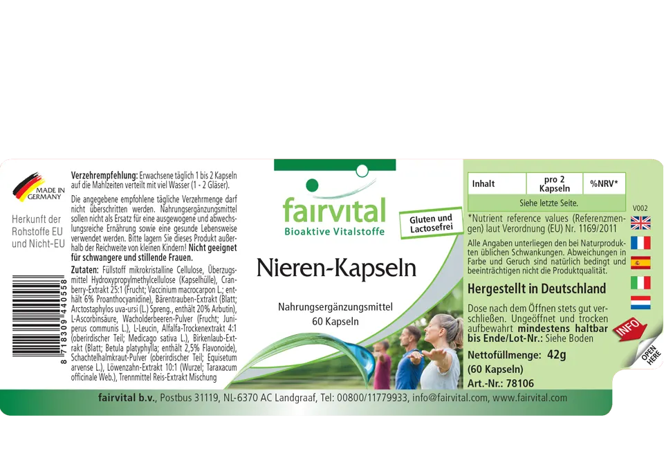 Nieren Kapseln - 60 Kapseln - mit Cranberry, Bärentraube, Löwenzahn uvm. - Hochdosiert und Vegan | Fairvital