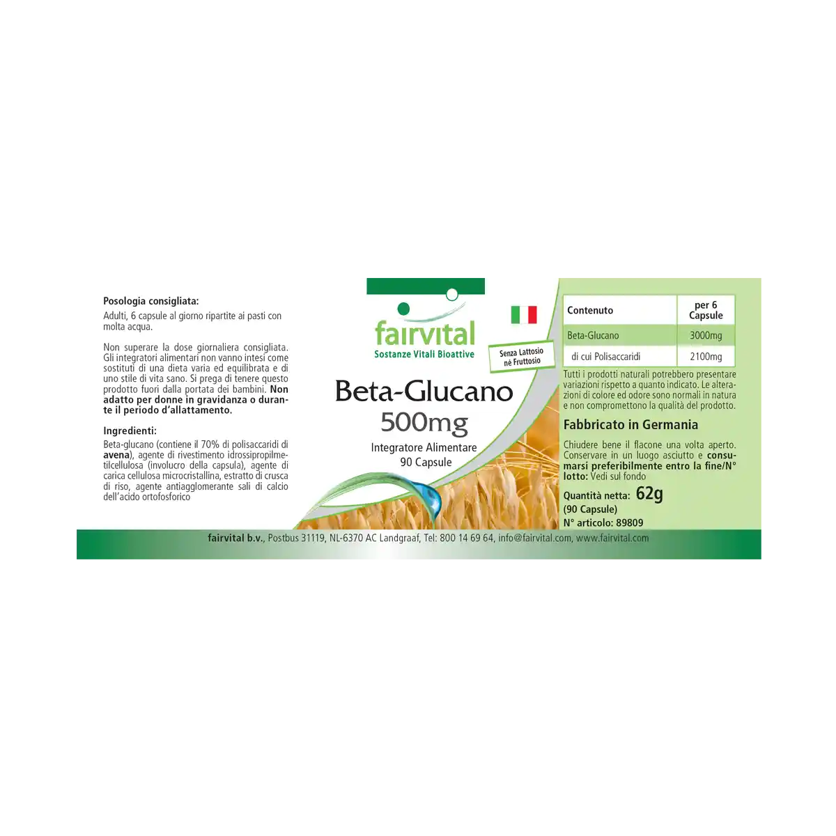 Beta-Glucan 500mg - 90 Kapseln - 70% Polysaccharide aus Hafer - Hochdosiert und Vegan | Fairvital
