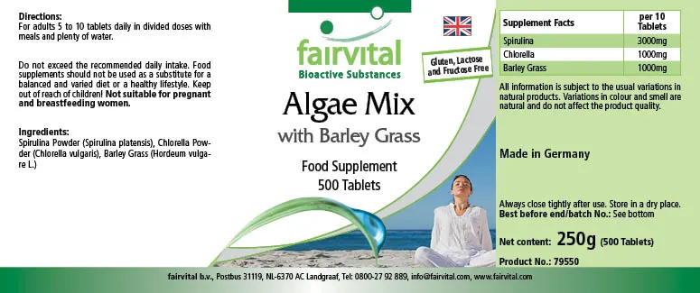 Algen Mix mit Spirulina, Chlorella und Gerstengras - 500 Tabletten - Hochdosiert und Vegan | Fairvital