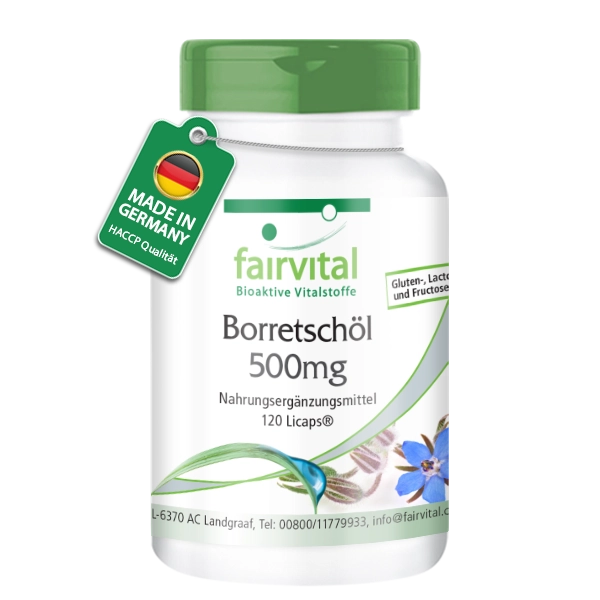 Borretschöl 500mg - 120 LiCaps® - kaltgepresst - reich an Gamma-Linolensäure (Omega-6) - Vegan | Fairvital Borretschöl 500mg - 120 LiCaps® - kaltgepresst - reich an Gamma-Linolensäure (Omega-6) - Vegan | Fairvital