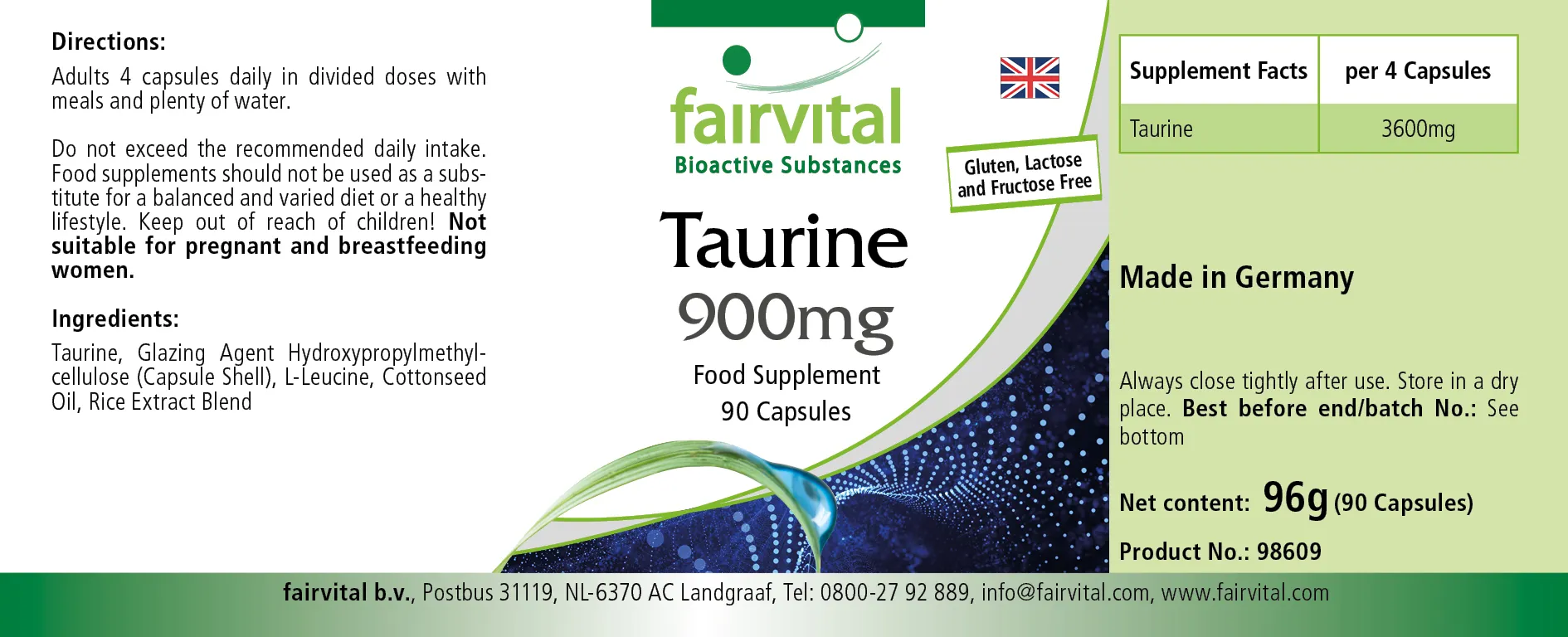Taurin 900mg - 90 Kapseln - Hochdosiert- Vegan | Fairvital