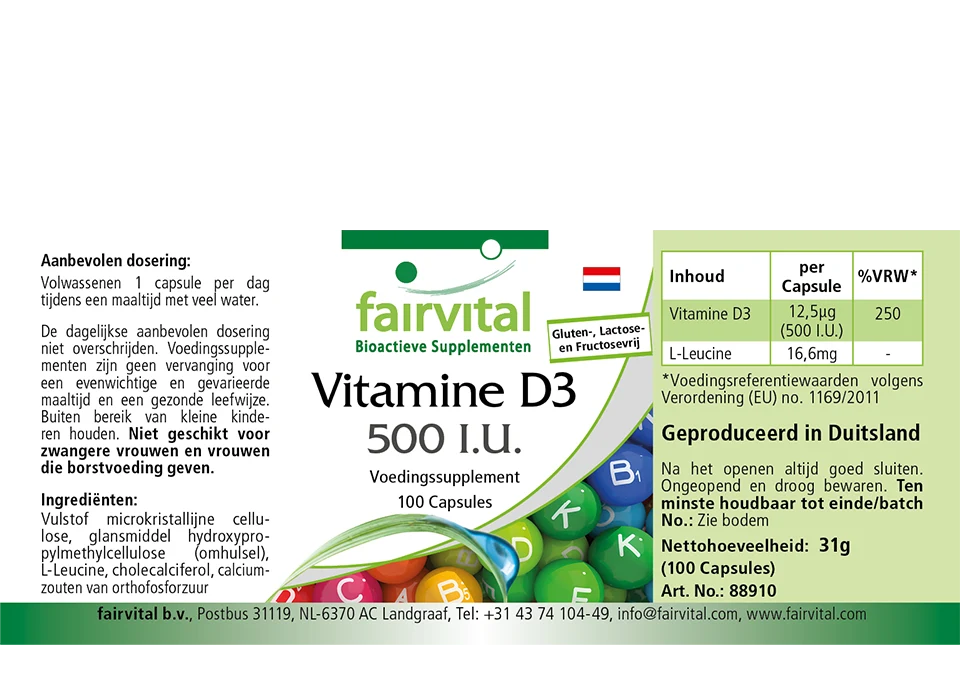 Vitamin D3 500 I.E. - 100 Kapseln - für Immunsystem, Knochen, Muskelfunktion uvm. | Fairvital