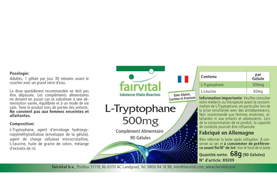 L-Tryptophan 500mg - 90 Kapseln - essentielle Aminosäure - Hochdosiert und Vegan | Fairvital