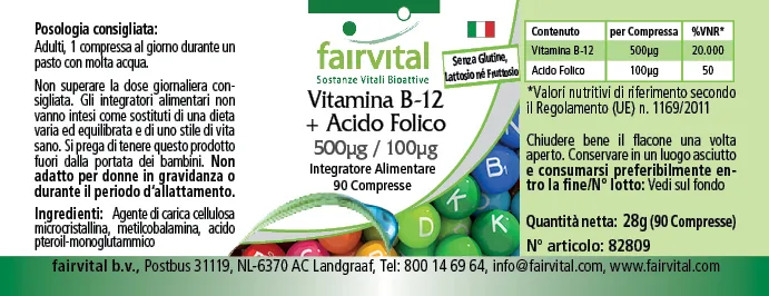 Vitamin B-12 + Folsäure 500µg / 100µg -  90 Tabletten - für Immunsystem, gegen Müdigkeit uvm. | Fairvital