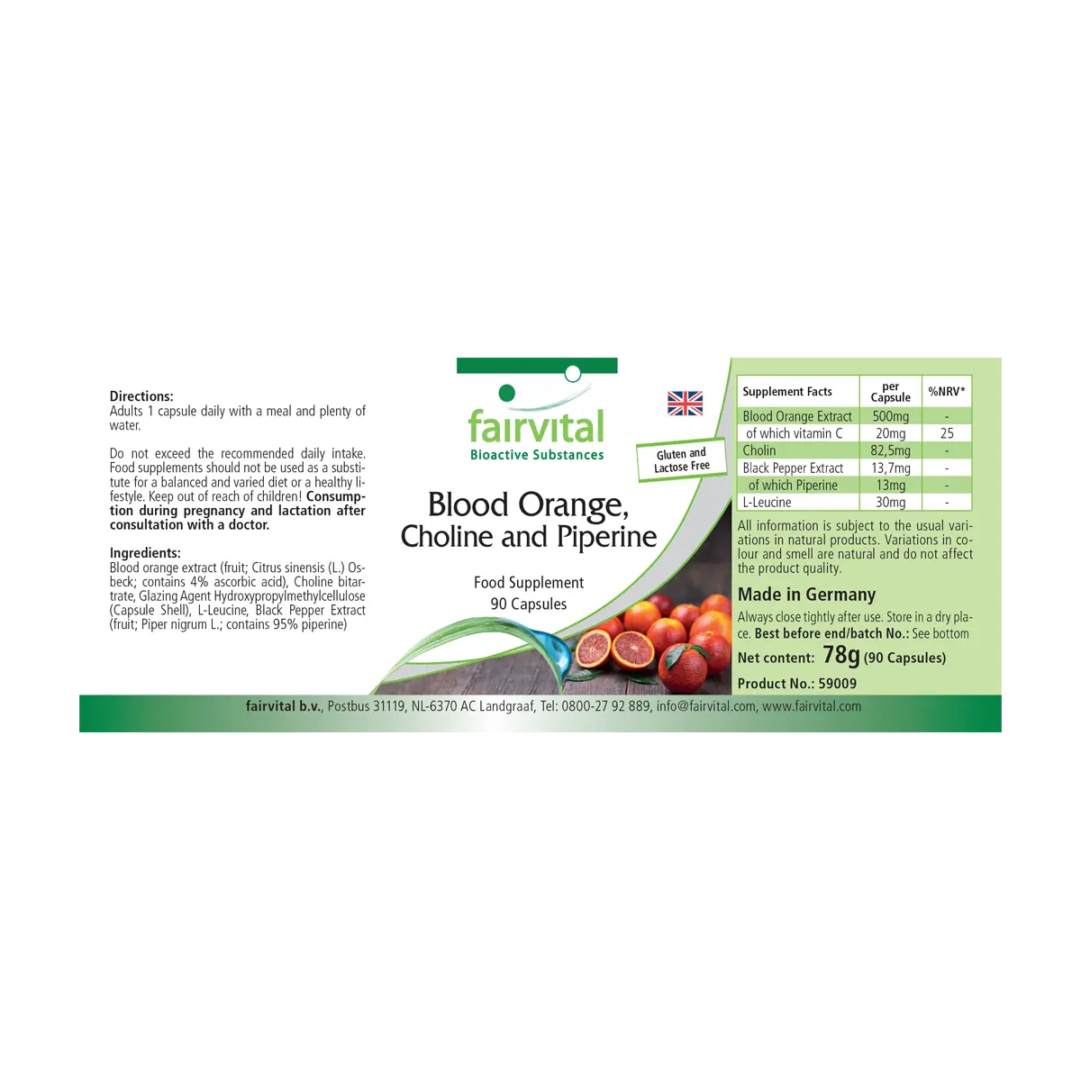 Blutorange, Cholin und Piperin 500mg - 90 Kapseln - mit Vitamin C - für Leberfunktion, Immunsystem uvm. | Fairvital