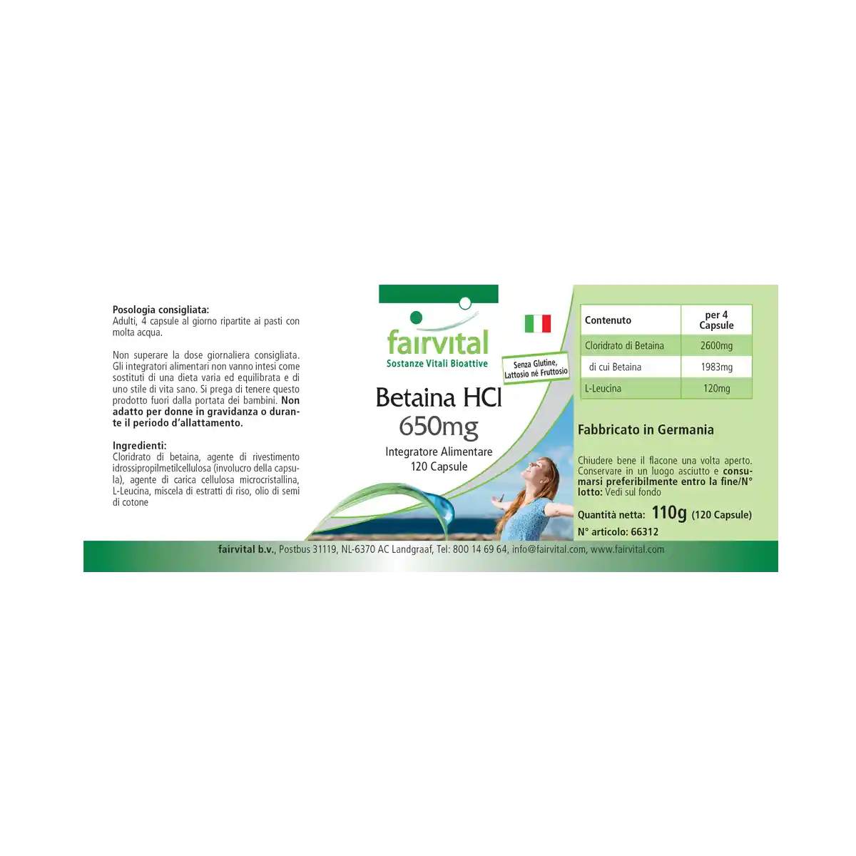 Betain HCL 650mg - 120 Kapseln - Betain Hydrochlorid Kapseln - Hochdosiert und Vegan | Fairvital