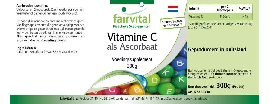 Vitamin C als Ascorbat - 300g Pulver - für Immunsystem, Kollagenbildung uvm. - Vegan | Fairvital