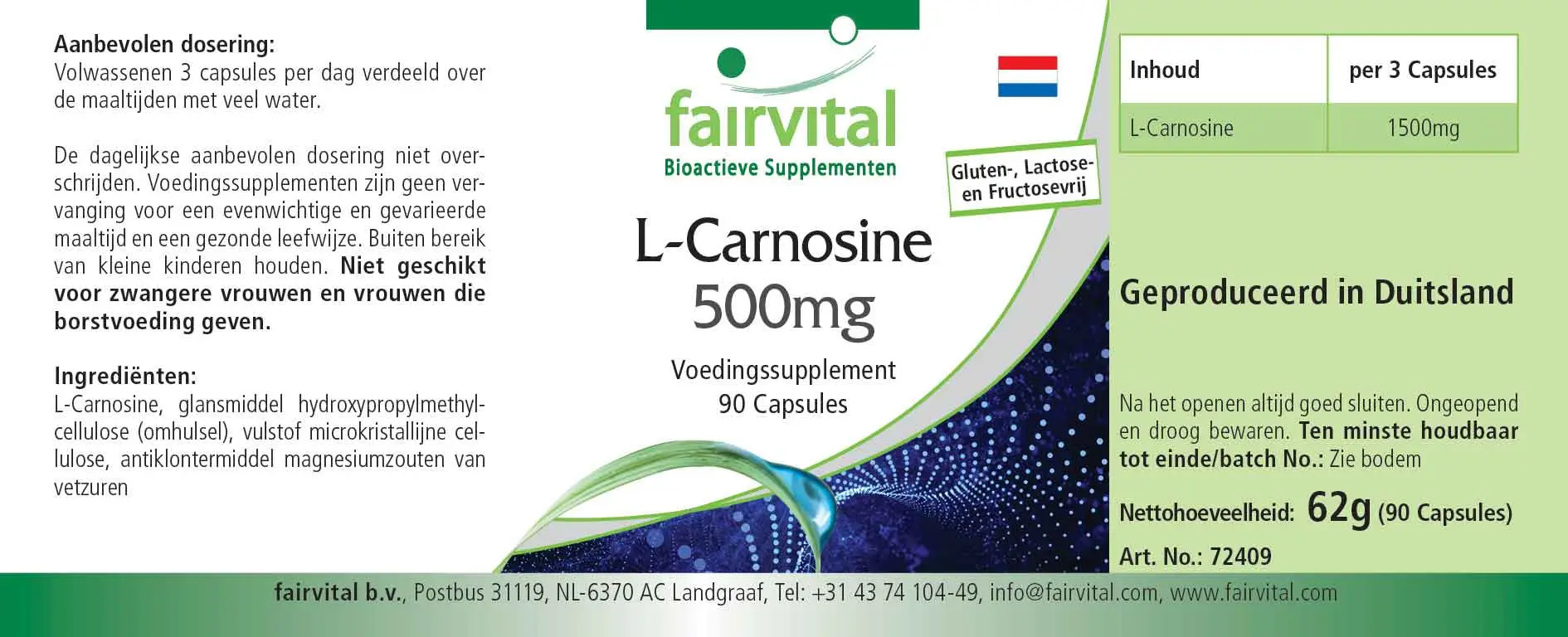 L-Carnosin 500mg - 90 Kapseln - Aminosäure - Hochdosiert und Vegan | Fairvital