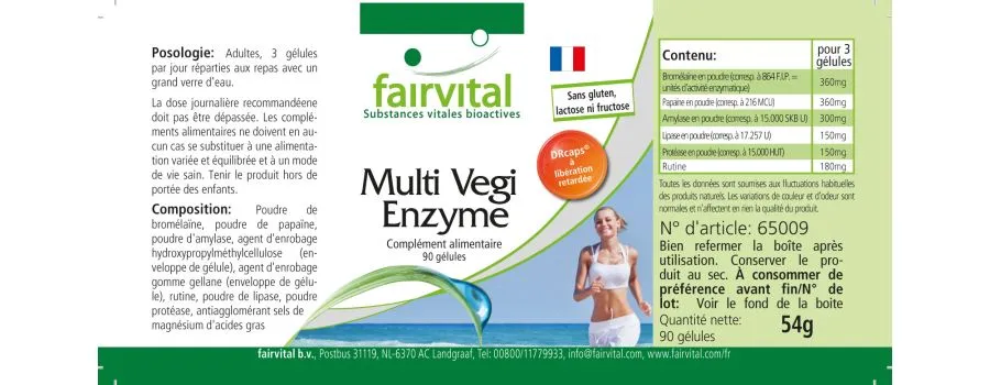 Multi Vegi Enzyme - 90 Kapseln - 100% pflanzlicher Enzymkomplex mit Bromelain, Papain, Lipase, Rutin - Vegan | Fairvital