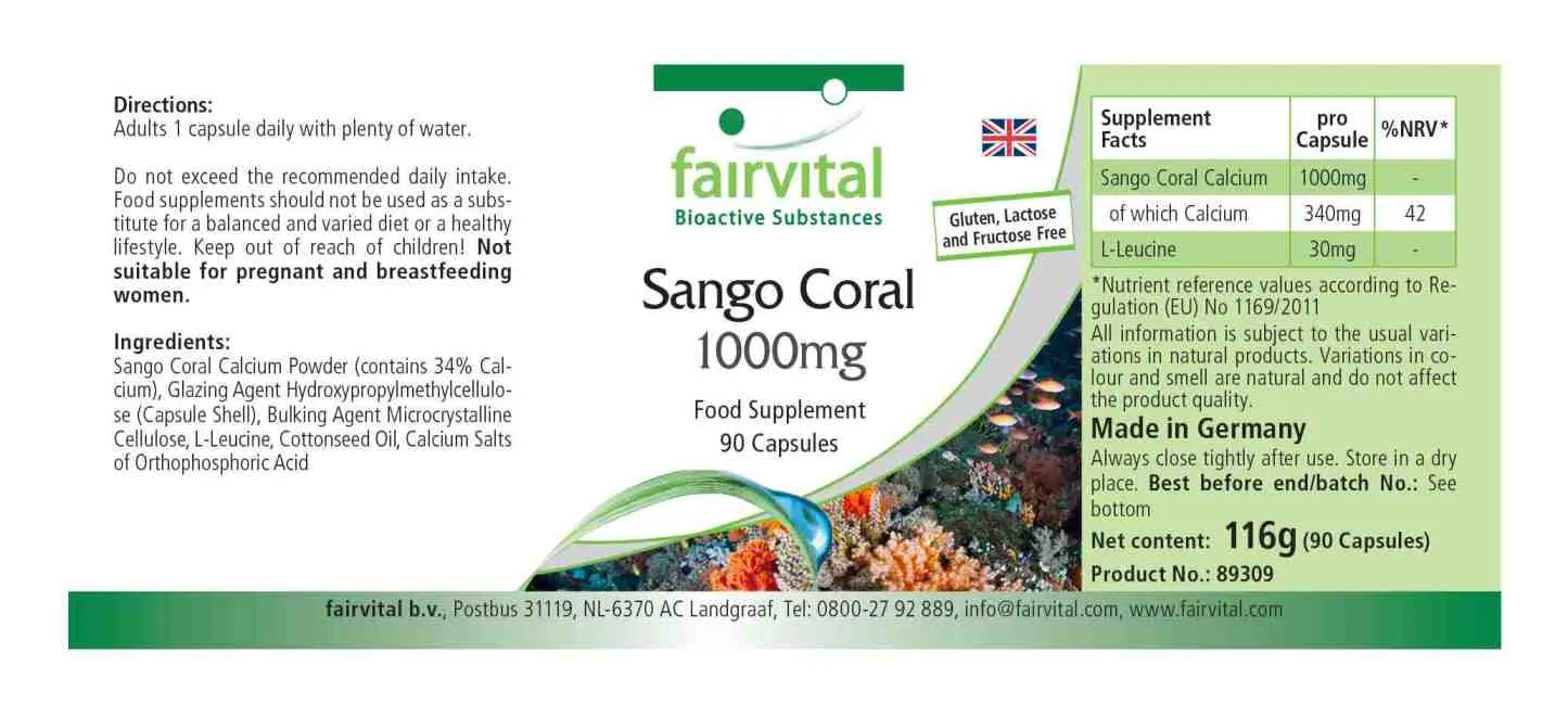 Sango-Koralle 1000mg - 90 Kapseln - mit Calcium - für Knochen, Muskeln, Blutgerinnung uvm. | Fairvital