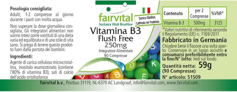 Vitamin B3 Flush Free 250mg - 90 Tabletten - für Stoffwechsel, Haut, Nervensystem uvm. - Vegan | Fairvital