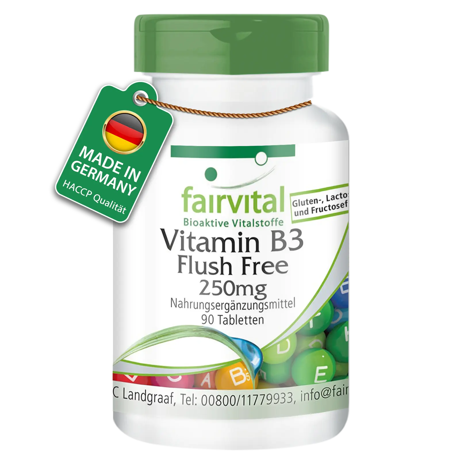 Vitamin B3 Flush Free 250mg - 90 Tabletten - für Stoffwechsel, Haut, Nervensystem uvm. - Vegan | Fairvital