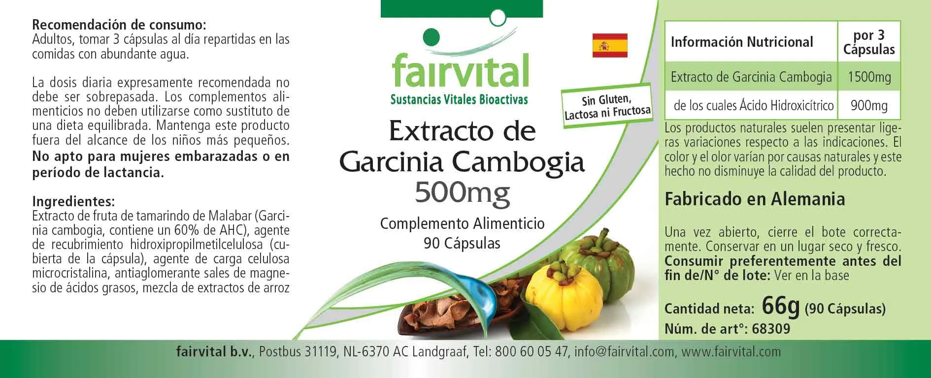 Garcinia Cambogia Extrakt 500mg - 90 Kapseln - mit 60% Hydroxycitronensäure - Vegan | Fairvital