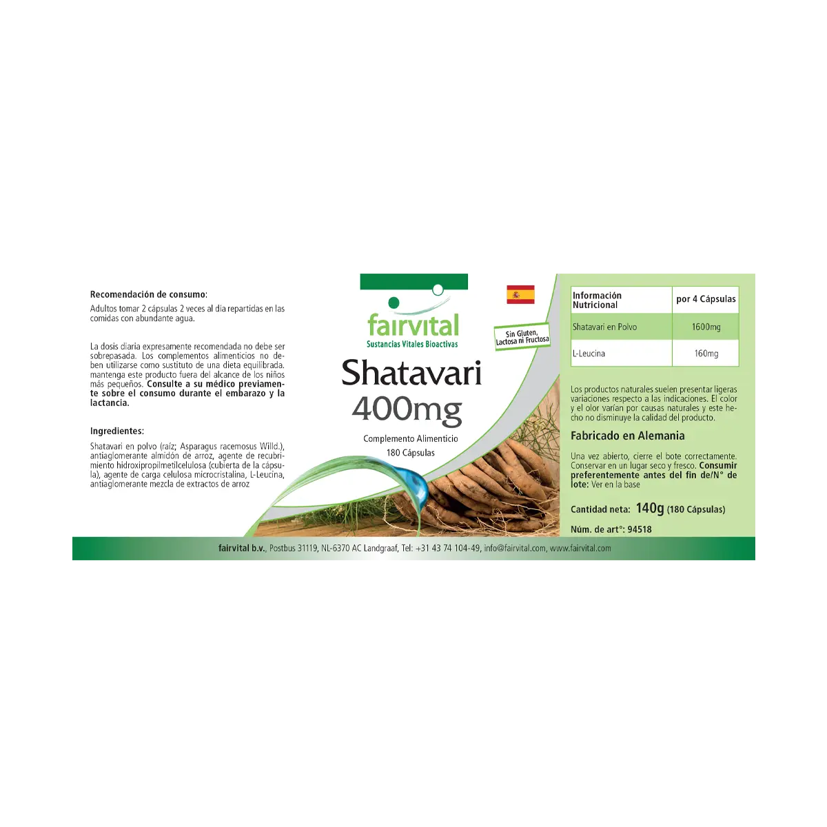 Shatavari 400mg - 180 Kapseln - Indischer Spargel - Vegan | Fairvital