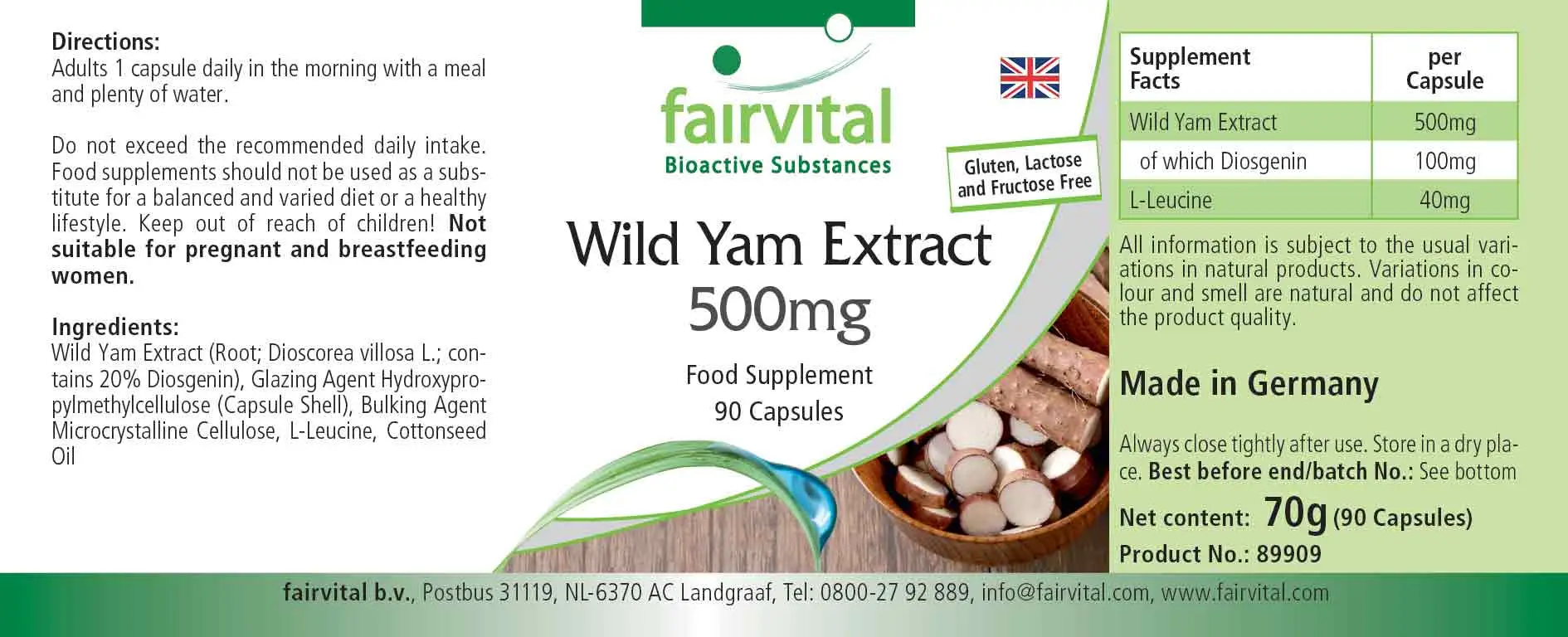 Wild Yam Extrakt 500mg - 90 Kapseln - standardisiert auf 20% Diosgenin - Hochdosiert und Vegan | Fairvital