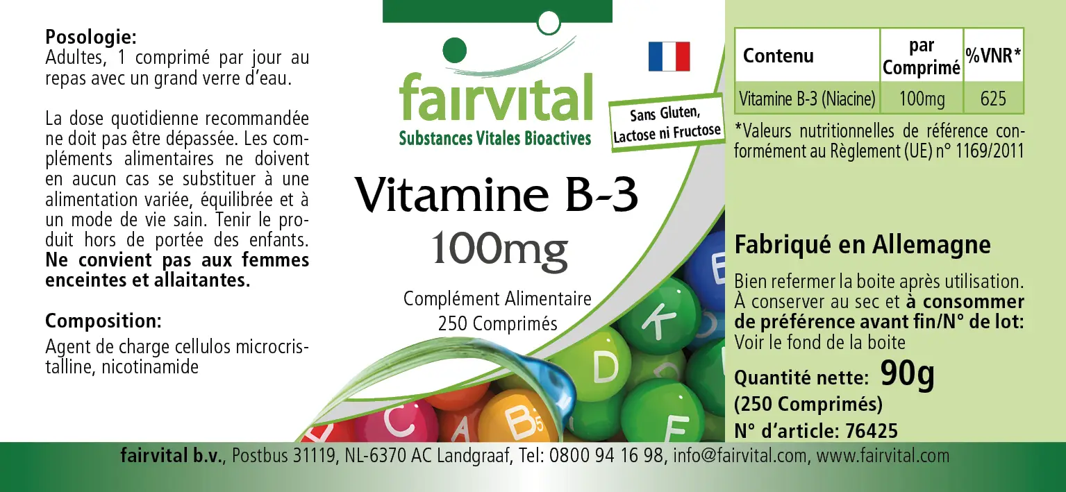 Vitamin B-3 Niacin 100mg - 250 Tabletten - für Haut, Psyche, Nervensystem uvm. - Vegan | Fairvital