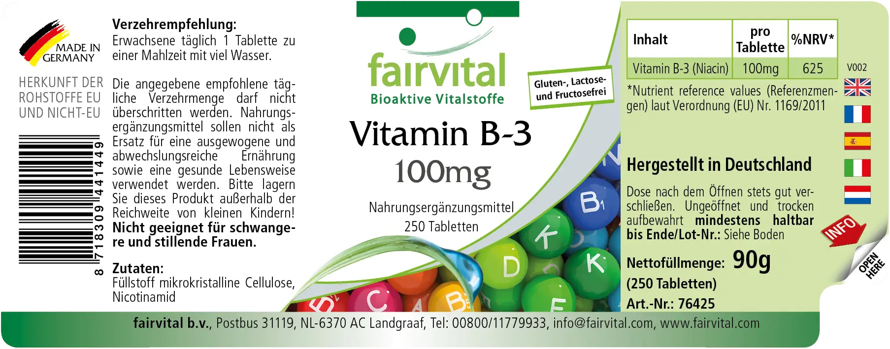 Vitamin B-3 Niacin 100mg - 250 Tabletten - für Haut, Psyche, Nervensystem uvm. - Vegan | Fairvital