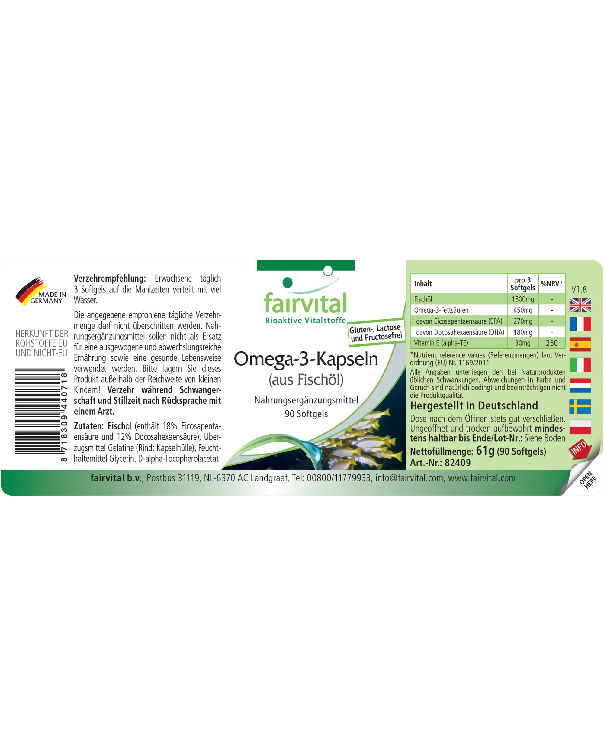 Omega-3-Kapseln aus 500mg Fischöl - 90 Softgels - für Blutdruck, Herz und Zellschutz | Fairvital