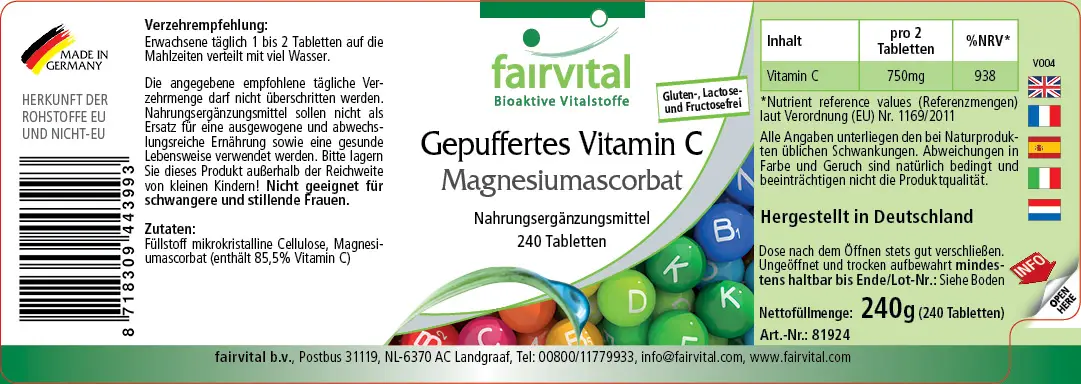 Gepuffertes Vitamin C als Magnesiumascorbat - 240 Tabletten - für Immunsystem, Kollagenbildung uvm. | Fairvital