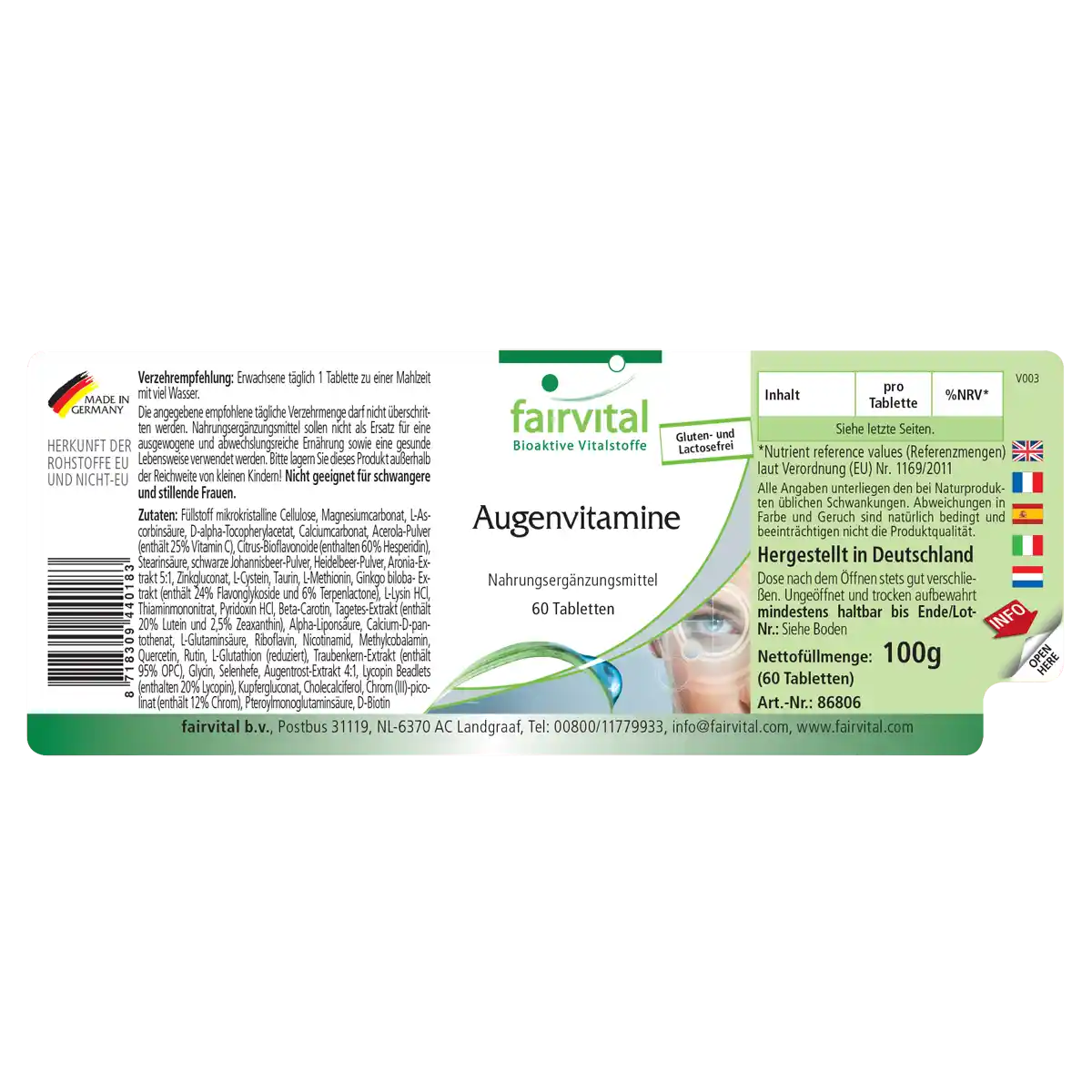 Augenvitamine - 60 Tabletten - mit Vitamin A, Riboflavin, Zink, uvm. - für Sehkraft, Zellteilung uvm. | Fairvital