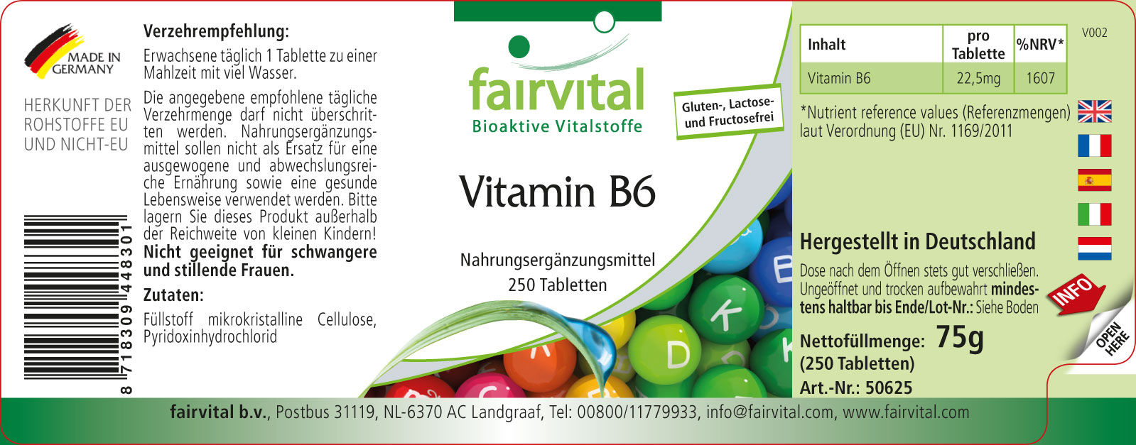 Vitamin B6 - 22,5mg - 250 Tabletten - für Immunsystem, Nervensystem uvm. - Hochdosiert und Vegan | Fairvital