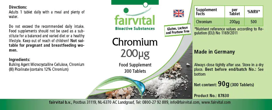 Chrom 200µg - 300 Tabletten - für Blutzuckerspiegel und Makronährstoff Stoffwechsel - Hochdosiert und Vegan | Fairvital