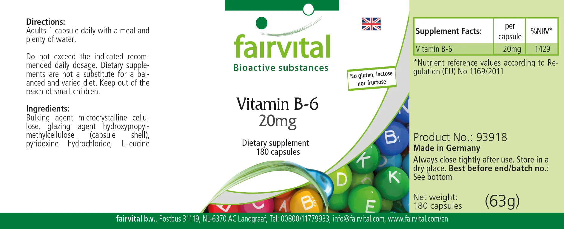 Vitamin B-6 20mg-180 Kapseln-Pyridoxinhydrochlorid-Hochdosiert & Vegan | Fairvital