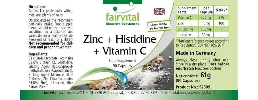 Zink + Histidin + Vitamin C -  90 Kapseln - für Immunsystem, Haare, Haut, Zellschutz uvm. - Vegan | Fairvital