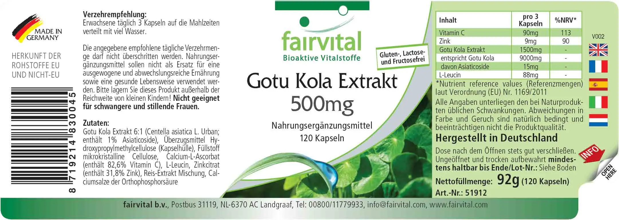 Gotu Kola Extrakt 500mg - 120 Kapseln - mit Vitamin C, Zink - für Immunsystem, Zellschutz uvm. - Vegan | Fairvital