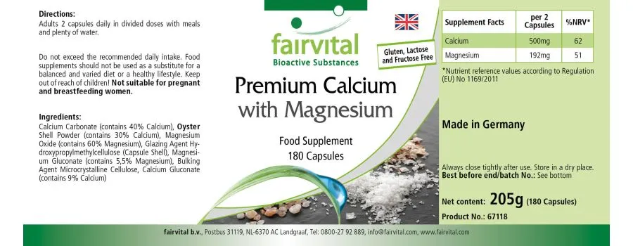 Premium-Calcium mit Magnesium - 180 Kapseln - für Knochen, Muskeln, Elektrolytgleichgewicht uvm. | Fairvital