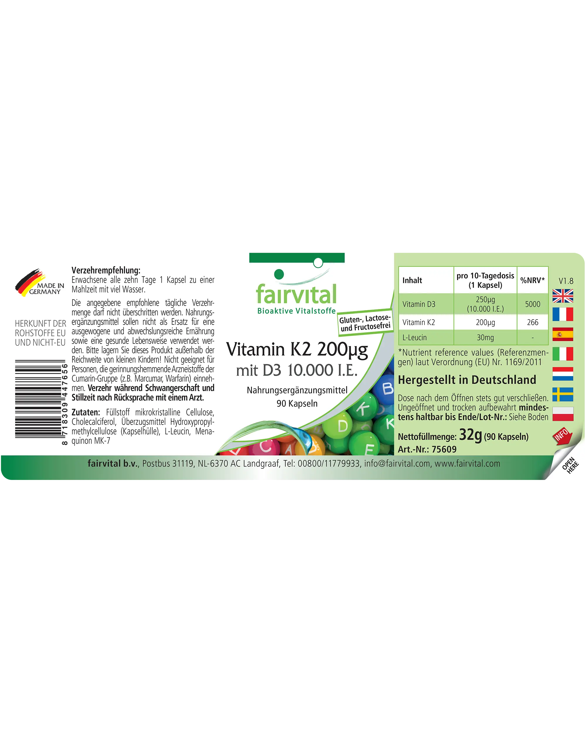 Vitamin K2 200µg mit D3 10000 I.E. - 90 Kapseln - für Knochen, Blutgerinnung uvm. | Fairvital