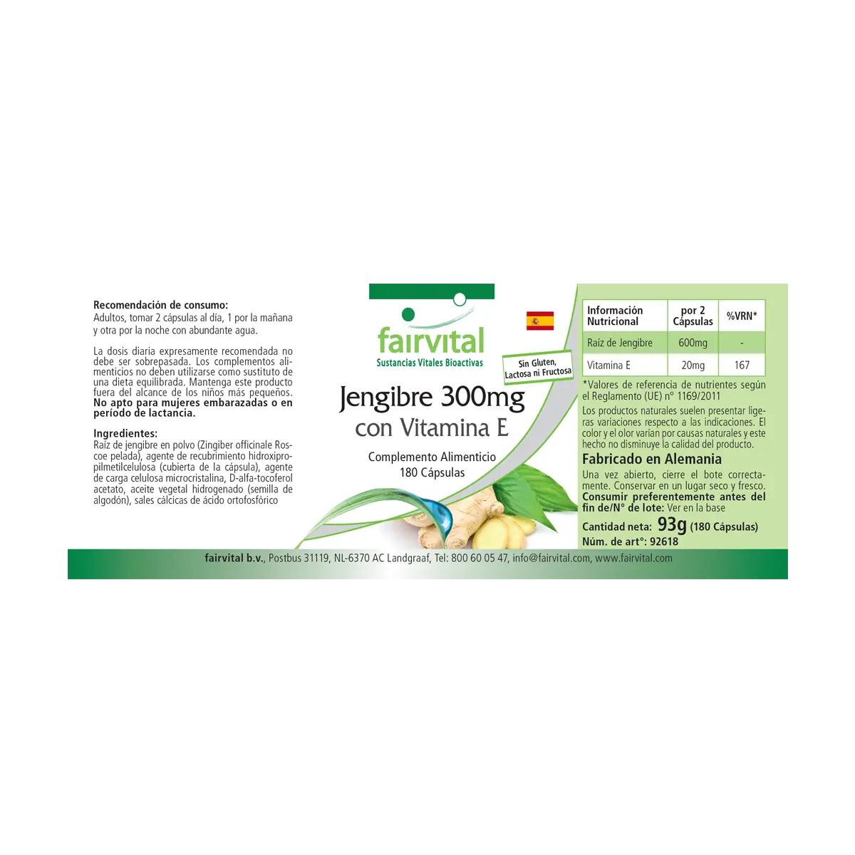 Ingwer 300mg mit Vitamin E - 180 Kapseln - Zellschutz - Hochdosiert und Vegan | Fairvital