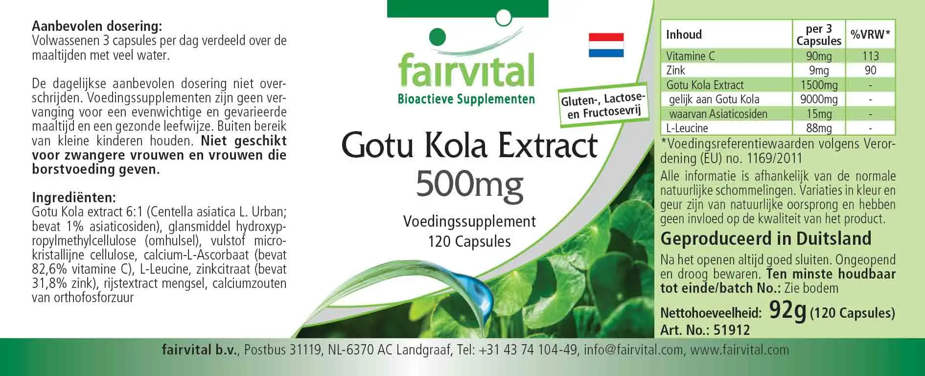 Gotu Kola Extrakt 500mg - 120 Kapseln - mit Vitamin C, Zink - für Immunsystem, Zellschutz uvm. - Vegan | Fairvital