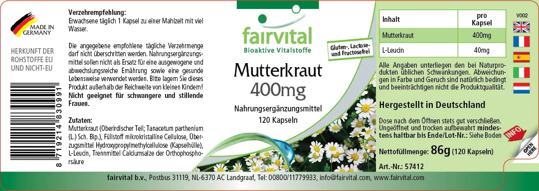 Mutterkraut 400mg - 120 Kapseln - Tanacetum parthenium - Feverfew - Vegan | Fairvital