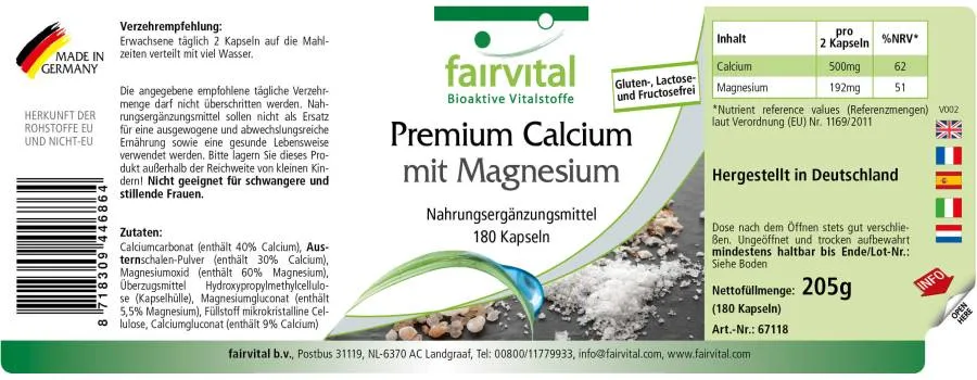 Premium-Calcium mit Magnesium - 180 Kapseln - für Knochen, Muskeln, Elektrolytgleichgewicht uvm. | Fairvital