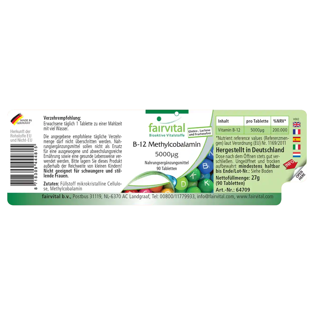 B-12 Methylcobalamin 5000µg - 90 Tabletten - mit Vitamin B12 für Immunsystem, gegen Müdigkeit uvm. - Hochdosiert und Vegan | Fairvital