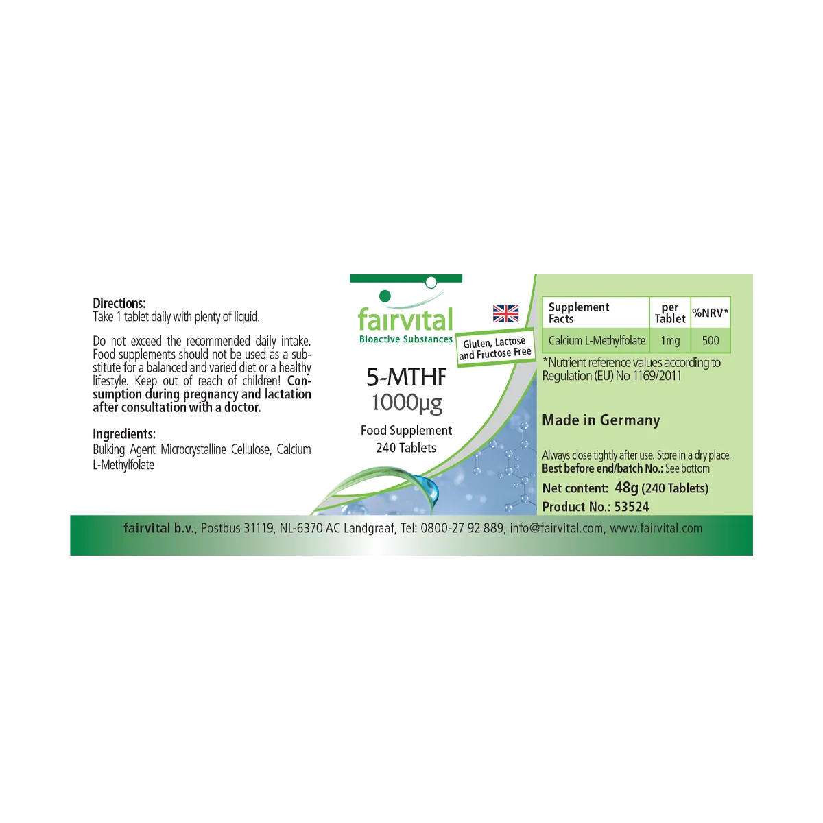 5-MTHF 1000 µg - 240 Tabletten - bioaktive Folsäure - abgedeckter Bedarf - Hochdosiert und Vegan | Fairvital