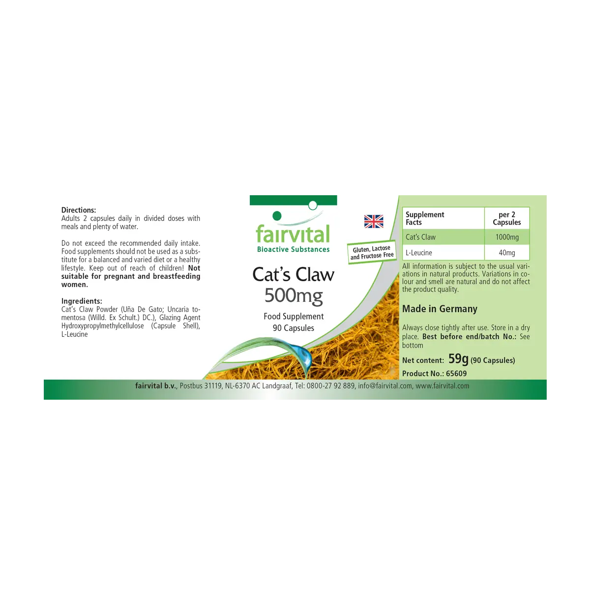 Katzenkralle 500mg - 90 Kapseln - Cat's Claw 500mg - Uña de Gato (Uncaria tomentosa) - Hochdosiert und Vegan | Fairvital