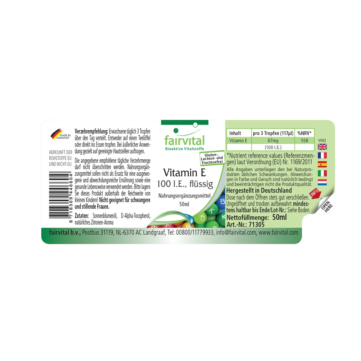 Vitamin E-Öl  100 I.E. - 50ml - für Zellschutz - Vegan | Fairvital