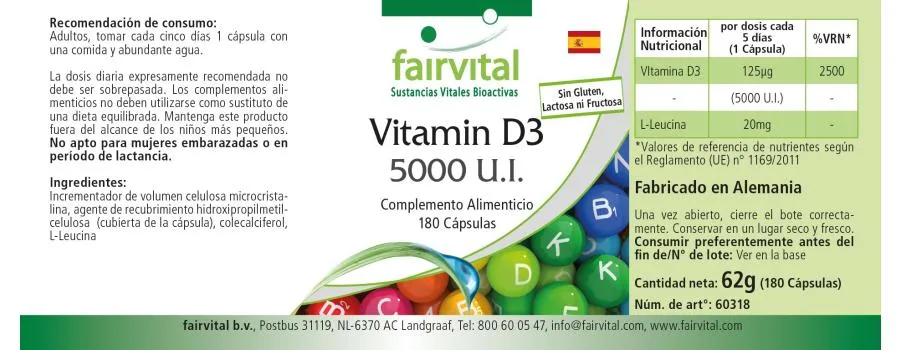 Vitamin D3 5000 I.E. - 180 Kapseln - für Immunsystem, Muskeln, Zellteilung uvm. - Hochdosiert | Fairvital