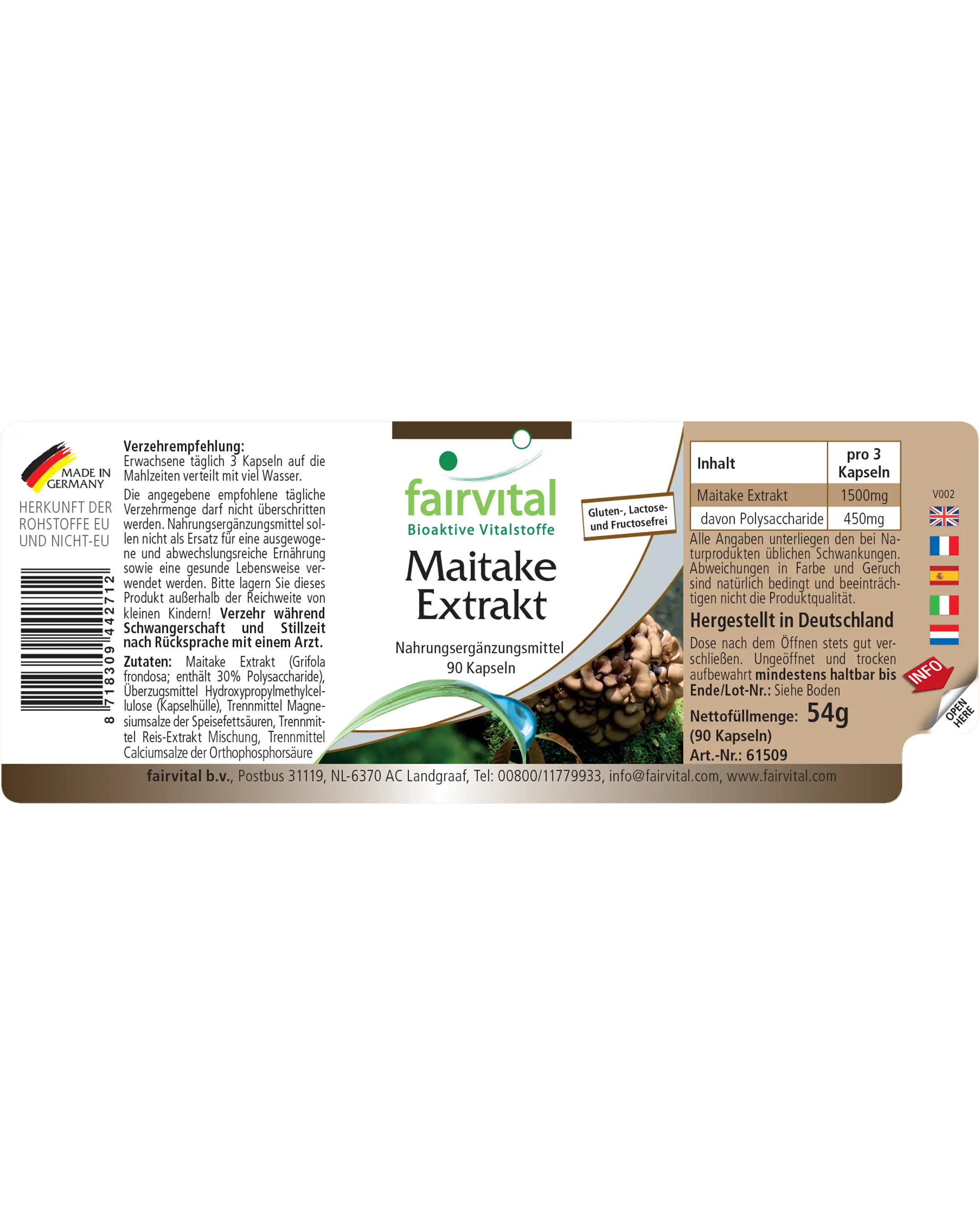 Maitake Extrakt - 90 Kapseln - Grifola frondosa - 30% Polysaccharide - Hochdosiert und Vegan | Fairvital