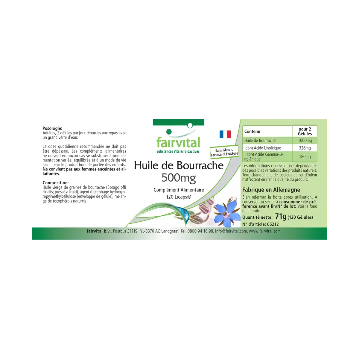 Borretschöl 500mg - 120 LiCaps® - kaltgepresst - reich an Gamma-Linolensäure (Omega-6) - Vegan | Fairvital