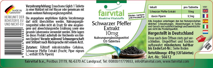 Schwarzer Pfeffer Extrakt 10mg - 120 Tabletten - 95% Piperin - Vegan | Fairvital